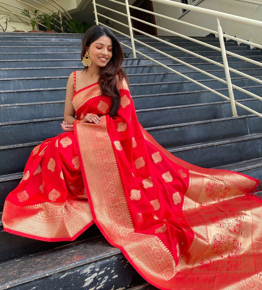 Sarisa Woven Banarsi Saree, Self Design, Embellished Banarasi Art Silk, Jacquard Saree (Red)
