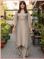 Moti Work Embroidered Women Kaftan Kurta with Palazo - Grey