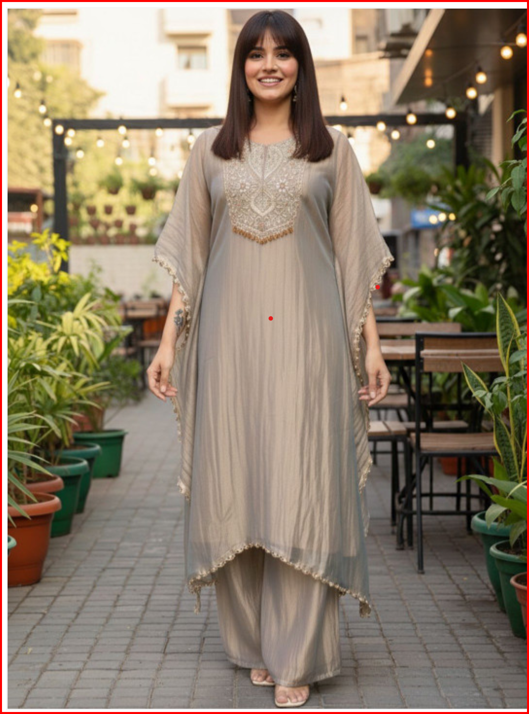 Moti Work Embroidered Women Kaftan Kurta with Palazo - Grey
