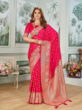 Mehrang Self Design Banarasi Silk Blend Saree with Unstitched Blouse (Red)