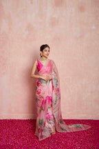 Pink Organza Motiwork Hand Embroidey Silk Saree