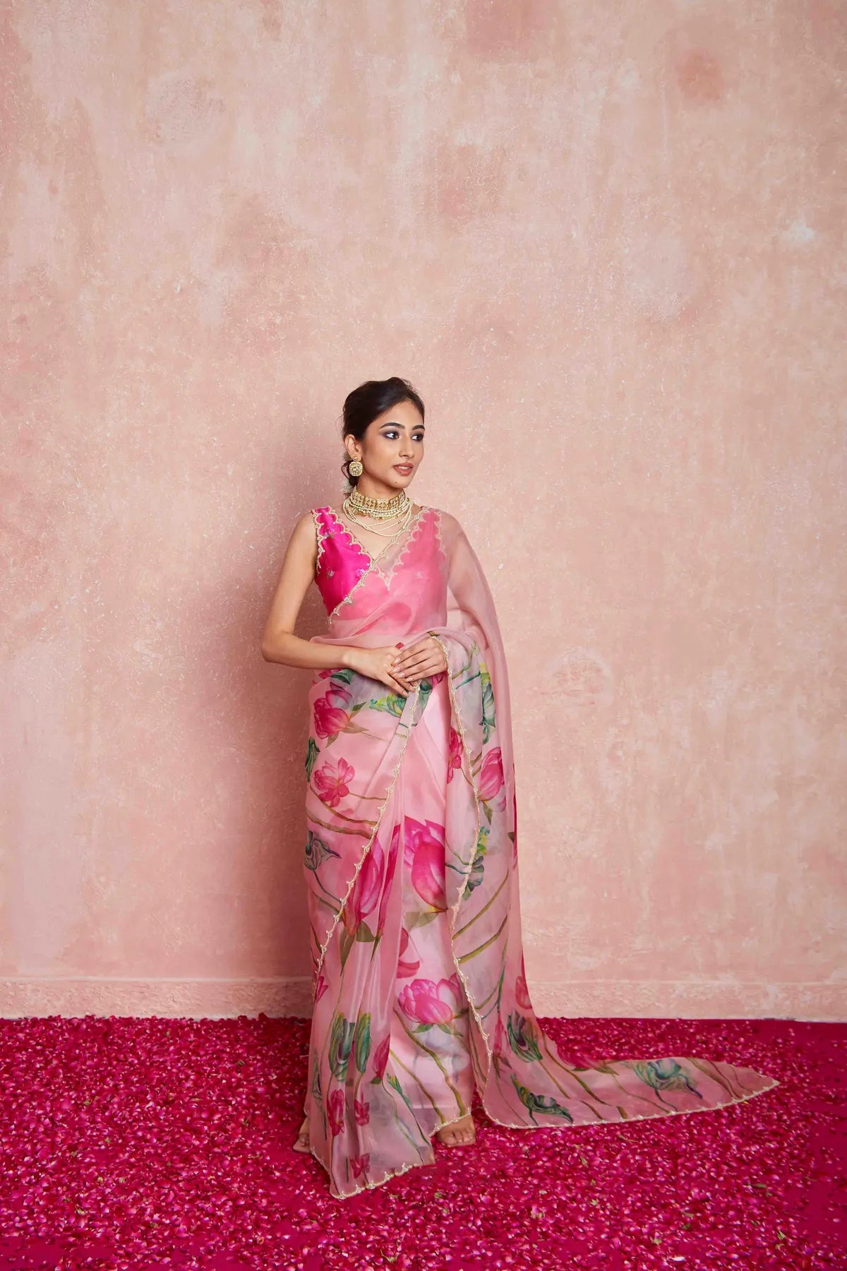 Pink Organza Motiwork Hand Embroidey Silk Saree