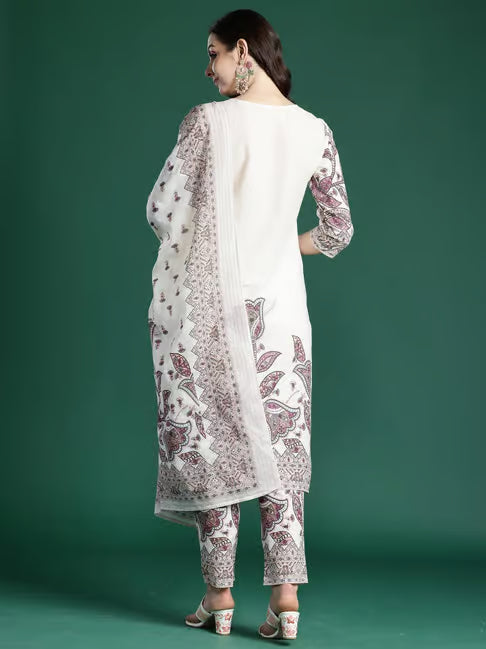 Hand-Embroidery Full Kurta Set with Dupatta for Women Color White Regular