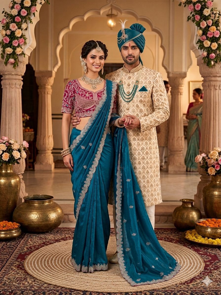 Lime Beautiful Blue Sabyasachi Inspired Silk Saree with Stiched Blouse