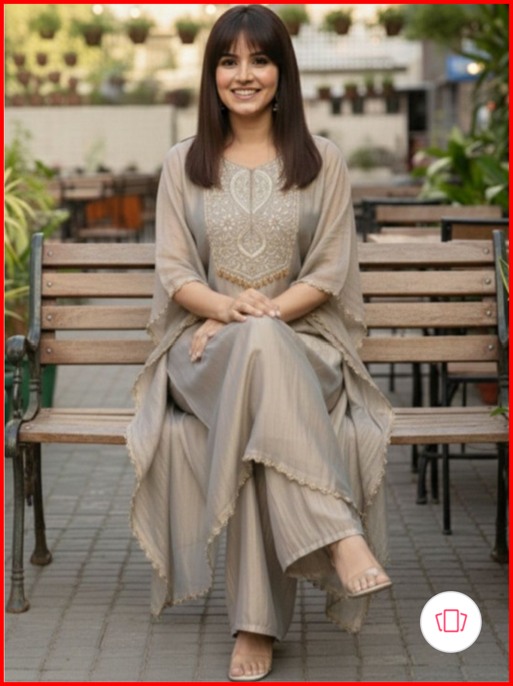 Moti Work Embroidered Women Kaftan Kurta with Palazo - Grey