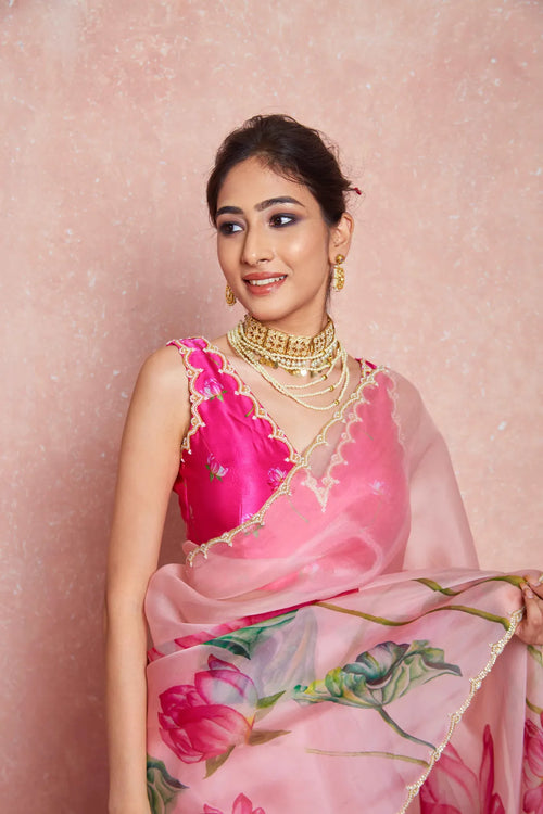 Pink Organza Motiwork Hand Embroidey Silk Saree