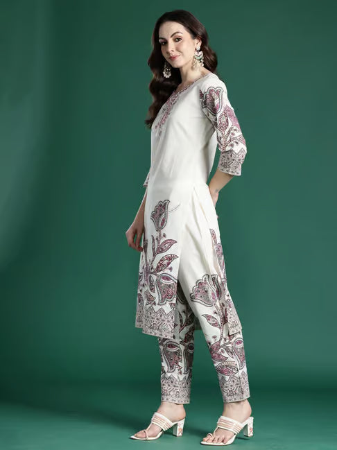 Hand-Embroidery Full Kurta Set with Dupatta for Women Color White Regular