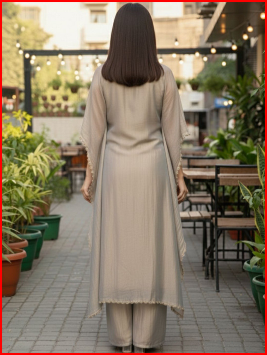 Moti Work Embroidered Women Kaftan Kurta with Palazo - Grey