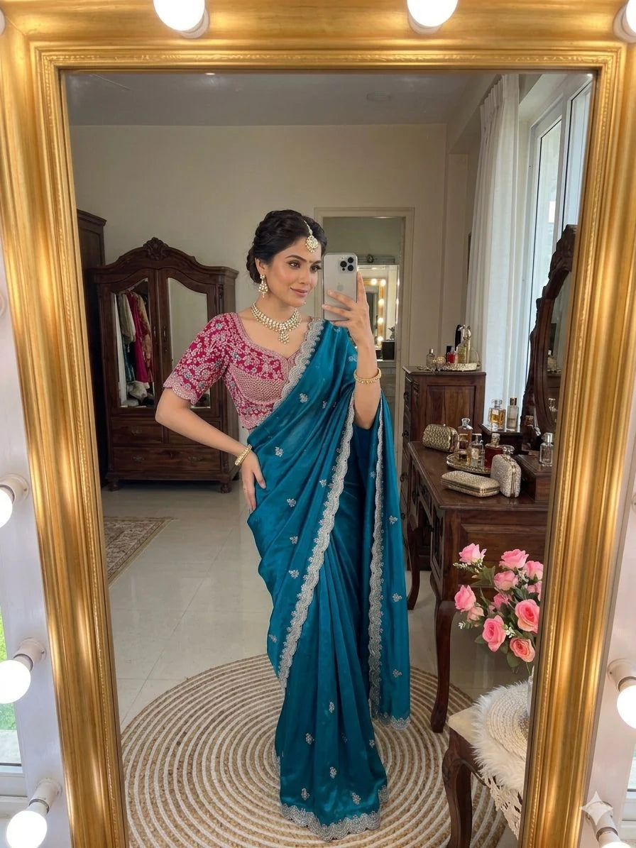 Lime Beautiful Blue Sabyasachi Inspired Silk Saree with Stiched Blouse