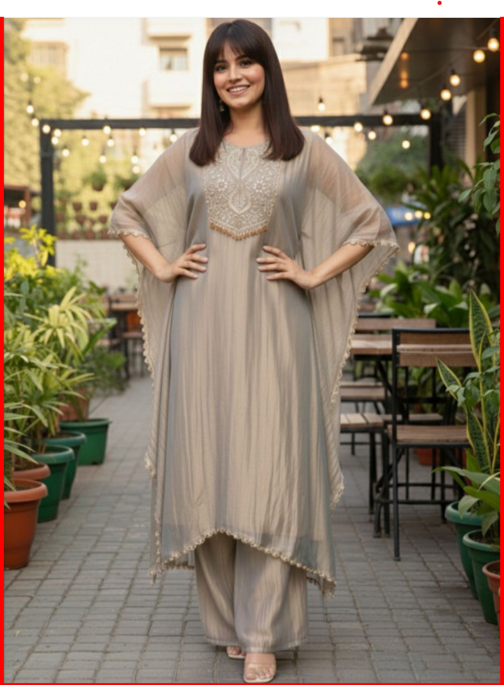 Moti Work Embroidered Women Kaftan Kurta with Palazo - Grey