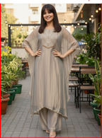 Moti Work Embroidered Women Kaftan Kurta with Palazo - Grey