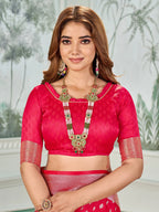 Mehrang Self Design Banarasi Silk Blend Saree with Unstitched Blouse (Red)