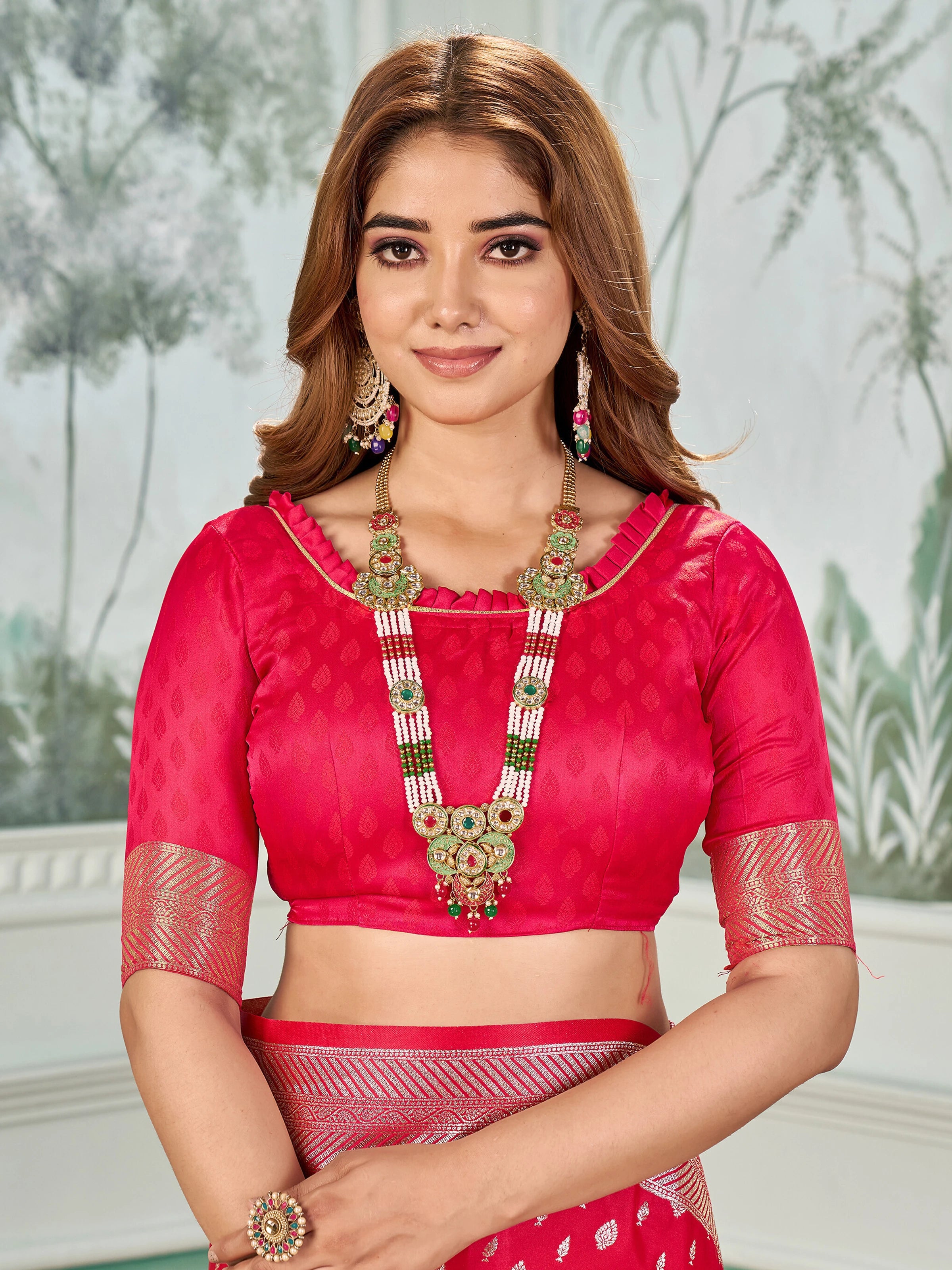 Mehrang Self Design Banarasi Silk Blend Saree with Unstitched Blouse (Red)