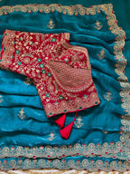 Lime Beautiful Blue Sabyasachi Inspired Silk Saree with Stiched Blouse