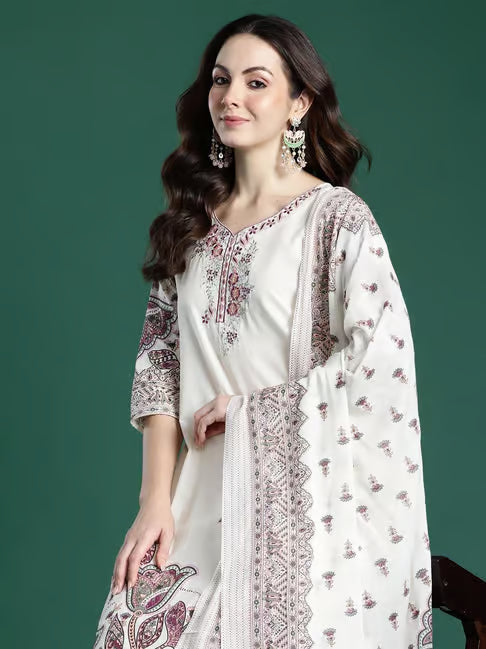 Hand-Embroidery Full Kurta Set with Dupatta for Women Color White Regular