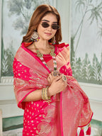 Mehrang Self Design Banarasi Silk Blend Saree with Unstitched Blouse (Red)