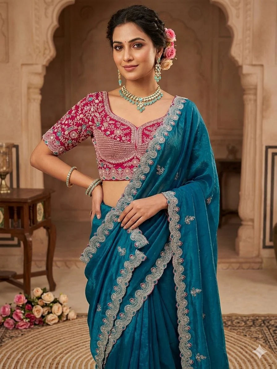 Lime Beautiful Blue Sabyasachi Inspired Silk Saree with Stiched Blouse