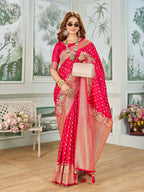 Mehrang Self Design Banarasi Silk Blend Saree with Unstitched Blouse (Red)