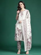 Hand-Embroidery Full Kurta Set with Dupatta for Women Color White Regular