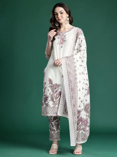 Hand-Embroidery Full Kurta Set with Dupatta for Women Color White Regular